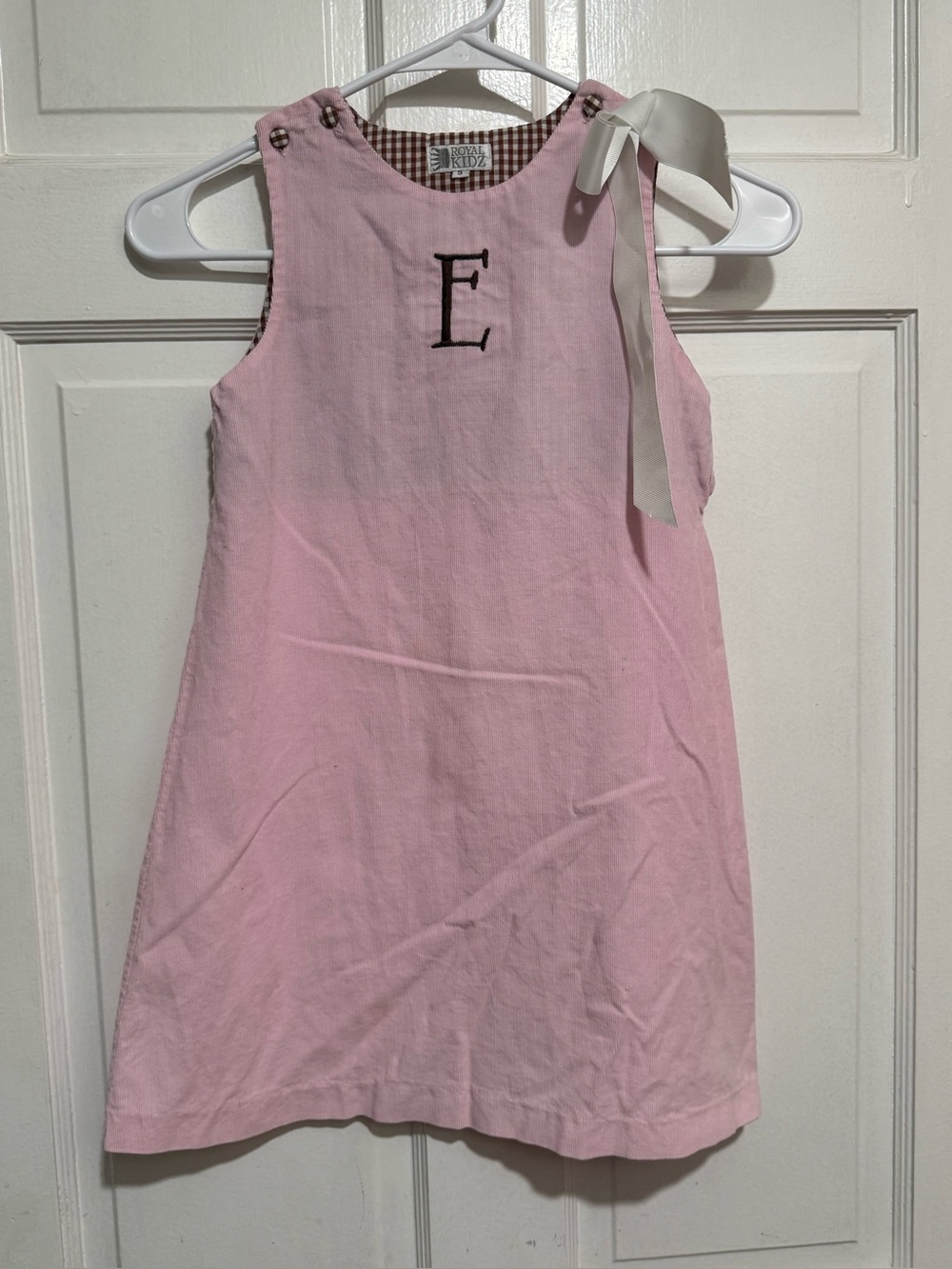 Girls “E” Monogrammed Pink Sleeveless Dress Brown White Bow Size 5